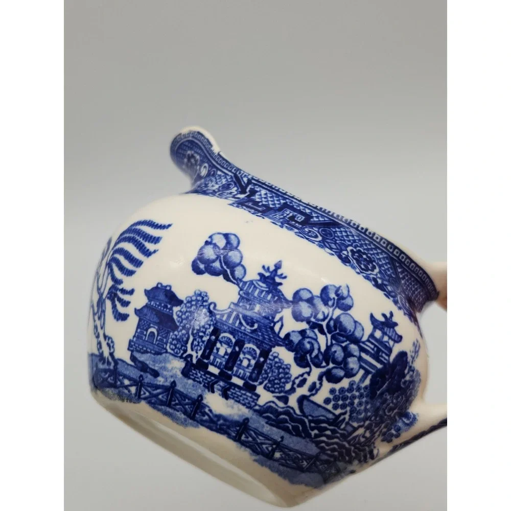 Vintage Blue Willow Creamer White Blue Birds Unmarked Ceramic